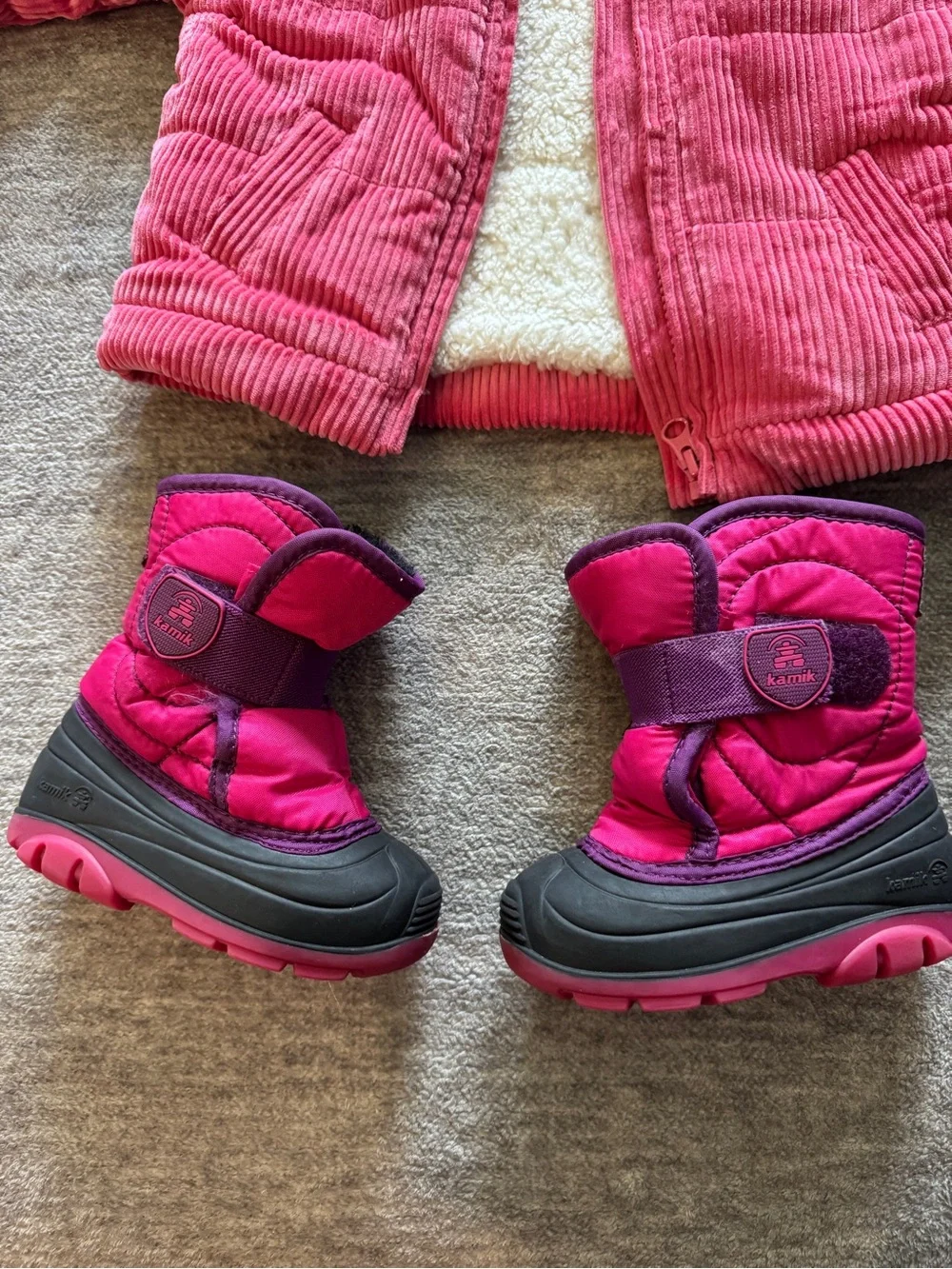 Kids Pink Corduroy Jacket & Snow Boots Set